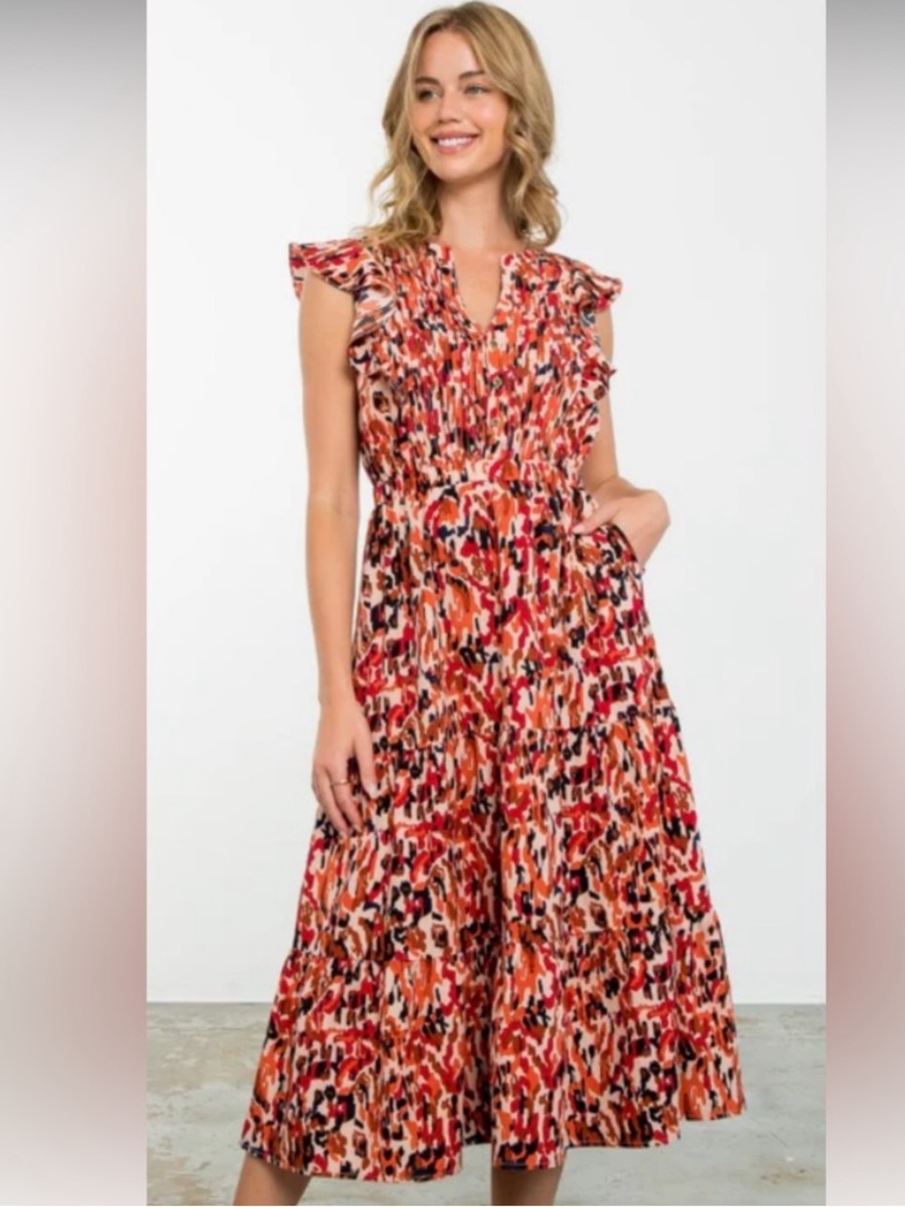 THML Red Multi Ruffled Sleeve Midi Dress